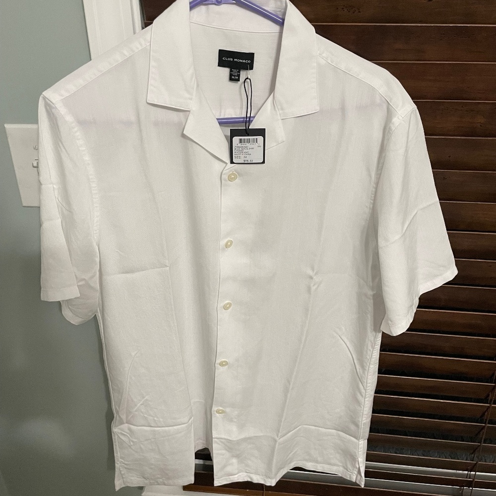 BNWT Mens Club Monaco white Tencel Camp Collar Shirt Size medium Guayabera